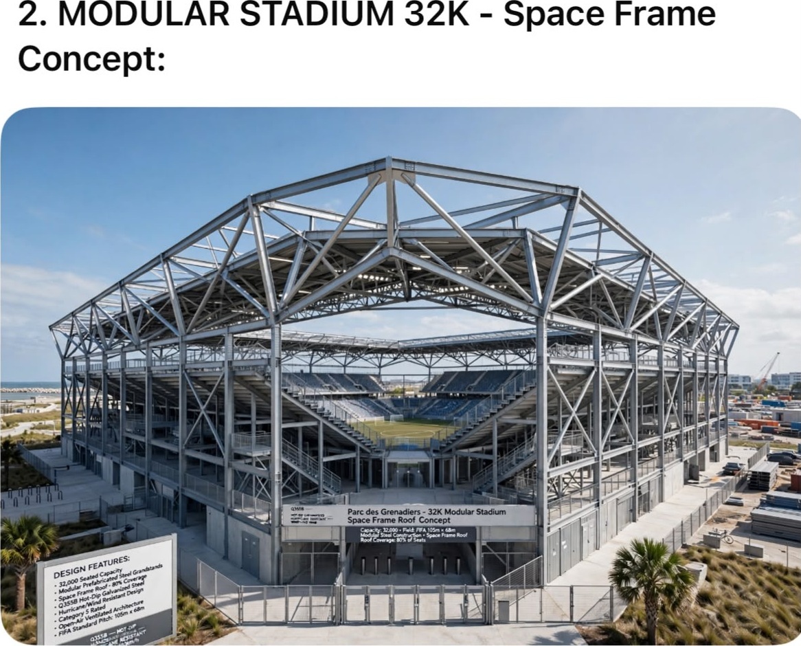 Konsep estad modilè 32,000 plas Parc Des Grenadiers ak twati space frame li